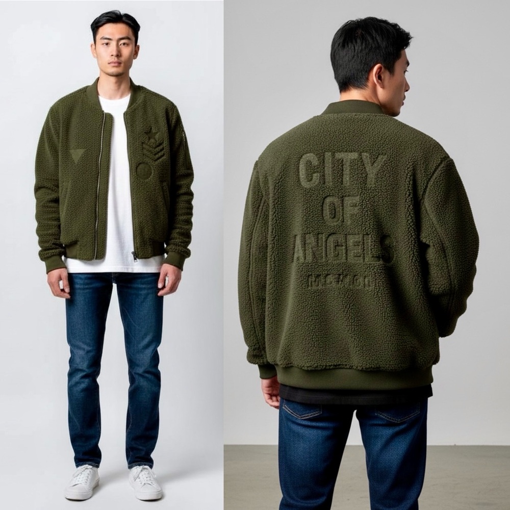 Guess Dark Green Sherpa Bomber Jacket ‘City of Angels’ M